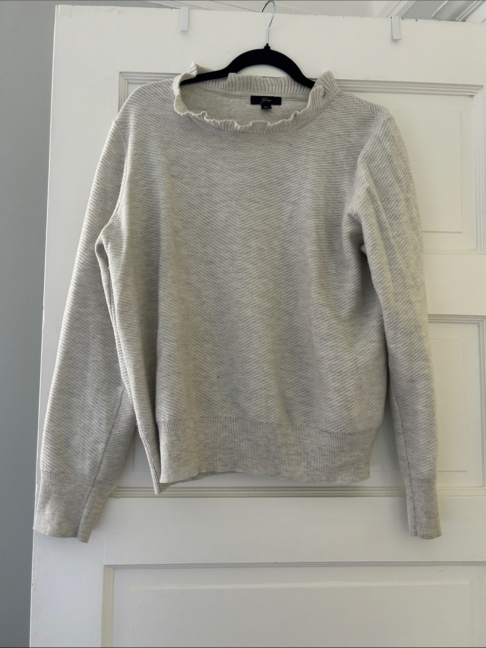 J. Crew Light Gray Ruffle Mock Neck Chevron Sweater